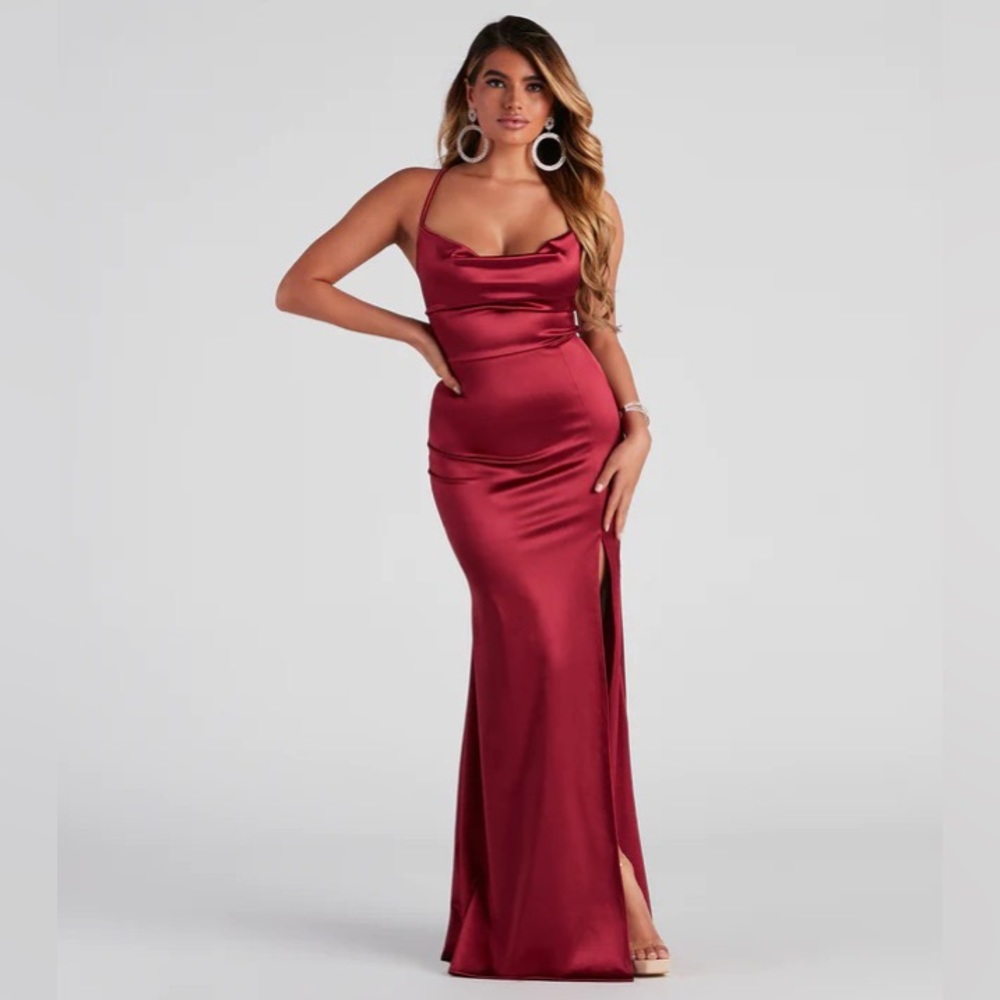 Burgundy Satin Lace Up Formal Dress